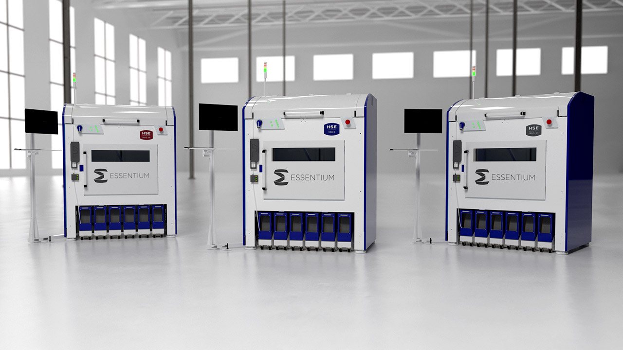 Essentium white and blue machines in factory.